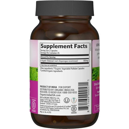 Organic India Shatavari Herbal Supplement Supports Hormonal Balance Immune and Inflammatory Response 90 Capsules