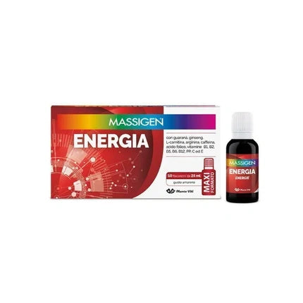 Marco Viti Pharmaceuticals Massigen Energy Dietary Supplement Tonic And Energetic 10 Vials Of 25 Milliliters Cherry Flavor