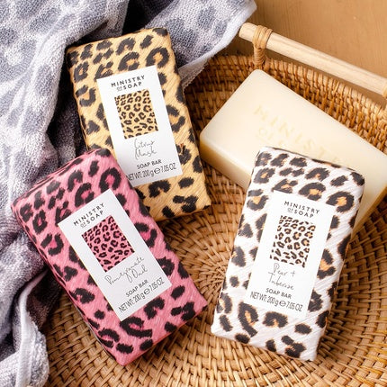 Ministry of Soap Pear and Tuberose Scented Soap Bar with White Leopard Print Design 200g