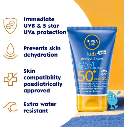 NIVEA SUN Kids Protect and Care SPF 50+ To Go Lotion 50ml Water-Resistant Sunscreen Kids Sun Cream Provides Highly Effective UVB and 5 Star UVA Protection