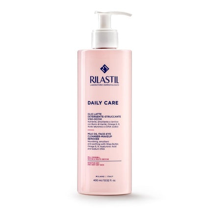 Rilastil Daily Care Cleansing Milk Oil for Face and Eyes Nourishing Makeup Remover for Sensitive and Dry Skin Soothing with Shea Butter Hyaluronic Acid 400ml