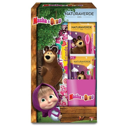 Naturaverde Kids Masha & Bear Oral Care Set with Soft Bristle Manual Toothbrush and 75ml Strawberry Toothpaste - Includes Glass and Glitter Clutch