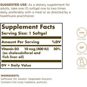 Solgar Vitamin D3 Cholecalciferol 10mcg 400 IU 250 Softgels