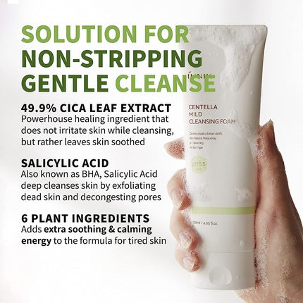 IUNIK Centella Mild Foaming Facial Cleanser Sub-acid 4.05 Fl Oz 49.9% Centella Asiatica Extract - Skin Relief Moisturizing pH Balancing Rich Foam Vegan