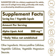 Solgar Alpha Lipoic Acid 200mg Vegetable Capsules Antioxidant 50 Count
