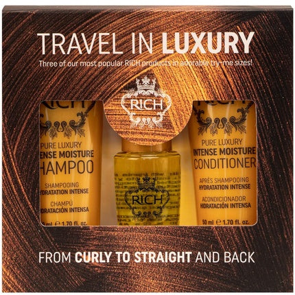 RICH Travel in Luxury Gift Set - Intense Moisture Shampoo 1.70 Fl Oz, Intense Moisture Conditioner 1.70 Fl Oz, Argan Oil Elixir 1.0 Fl Oz