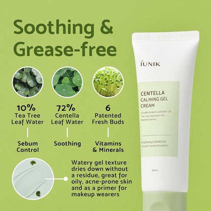 IUNIK Centella Calming Gel Cream Vegan Non-Sticky Face Moisturizer Acne-prone Sensitive Oily Dry Skin Hydrating Plant-based 70% Tea Tree Water 10% Rosacea Breakout Blemish Korean Skincare