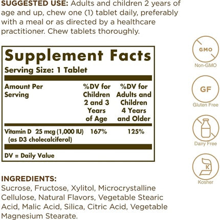 Solgar Vitamin D3 1000 IU Chewable Tablets 100 - For Healthy Bones, Teeth and Muscle Function - Immunity - Gluten Free