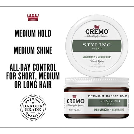CREMO Barber Grade Hair Styling Cream for Men Medium Hold and Medium Shine 113g