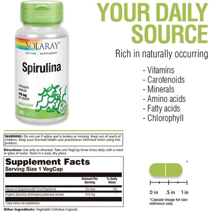 SOLARAY Spirulina 410mg Algae Superfood Supports Energy Vitality and Overall Health 100ct