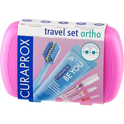 Curaprox Travel Set Ortho Pink with Travel Toothbrush, Interdental Brush, and Toothpaste