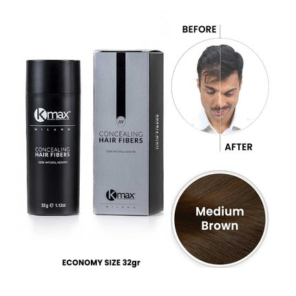 Kmax Concealing Hair Fibers Keratin Hair Powder for Hair Thickening Effect Hair Fibers for Covering Hair Loss Economy Size 32g Medium Brown