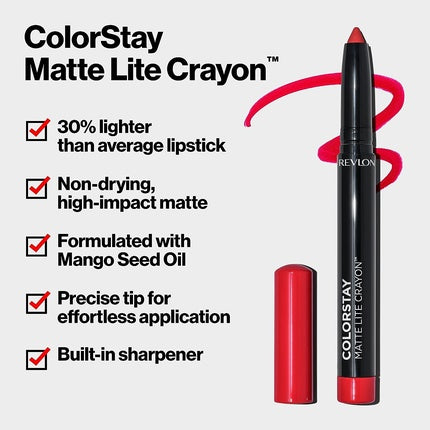 Revlon ColorStay Matte Lite Crayon Lipstick with Built-in Sharpener Smudgeproof Water-Resistant Non-Drying Lipcolor 005 Sky High