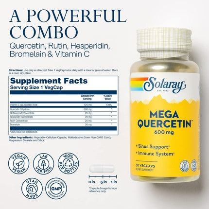 SOLARAY Mega Quercetin Healthy Cells Heart Circulatory Respiratory System Support Bioflavonoids AMPK Activator Non-GMO Vegan 60 VegCaps