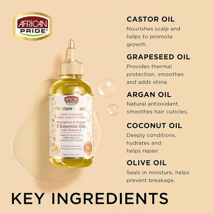 African Pride Moisture Miracle 5 Essential Oils - Castor, Grapeseed, Argan, Coconut & Olive Oil 4oz