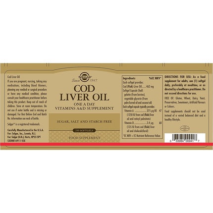 Solgar Cod Liver Oil Softgels Premium Blend of Essential Fatty Acid With Vitamins A & D Supports Brain, Vision and Heart Health Immunity Support Gluten Free