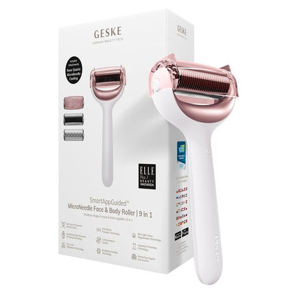 GESKE SmartAppGuided MicroNeedle Face & Body Roller 9 in 1 with Rose Quartz & Cooling Attachment Electric Derma Roller Microneedling Device Needle Roller Beauty Roller for Face and Body Starlight