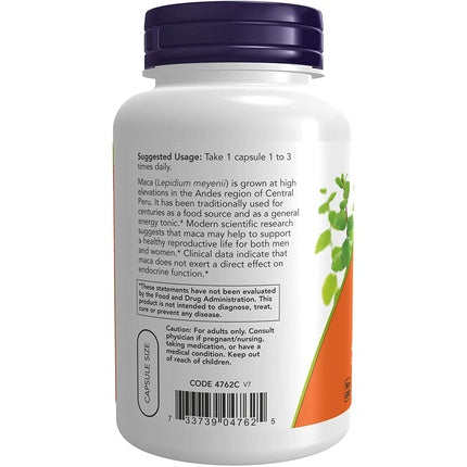 NOW 500mg MACA Supplement 250 Veg Capsules