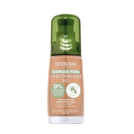Deborah Milano Pure Nude Bio Foundation Formula 05 Almond with Vitamin C and Aloe Vera SPF 20 Medium Coverage Liquid Texture for Even Radiant Skin