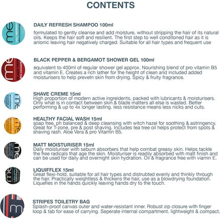 men-u Ultimate Travel Kit Men's Toiletries Set with Grooming Products in a Stripes Toiletry Bag