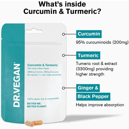 DR.VEGAN Organic Curcumin & Turmeric High Strength Vegan Capsules with Ginger & Black Pepper 30 Count