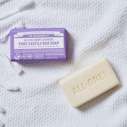 Dr Bronner's Lavender Pure-Castile Bar Soap Made with Organic Oils For Face Body & Hair Fair Trade Certified & Vegan Friendly 140g Bar