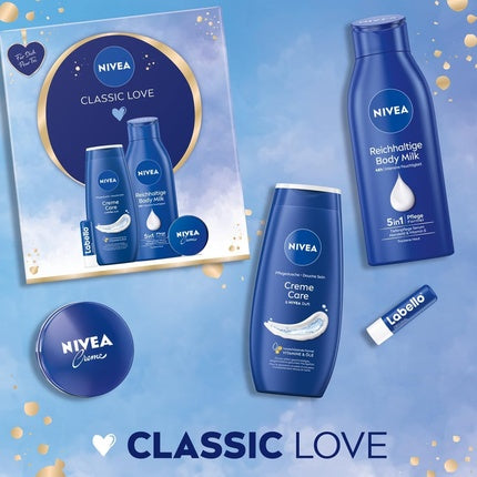 NIVEA Classic Love Gift Set Care Set with Moisturizing Care Products Gift Box with Shower Nourisher Labello Body Milk and NIVEA Cream