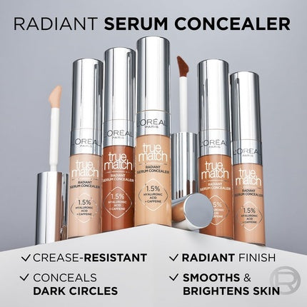 L'Oréal Paris Serum Concealer Medium Coverage Radiant Finish with 1.5% Hyaluronic Acid and Caffeine True Match 10ml 4N