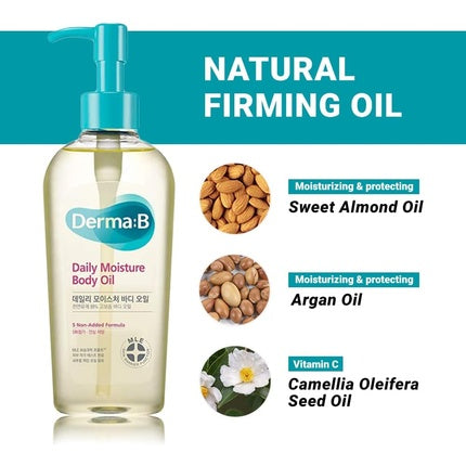 Derma B Daily Moisture Body Oil for Dry Skin 99% Natural Origin with Argan Oil and Sweet Almond Oil 6.78 Fl Oz 200ml