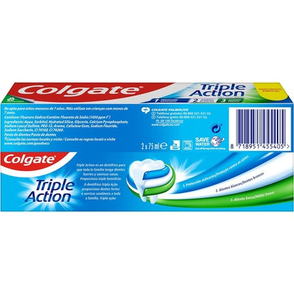 Colgate Triple Action Toothpaste Fluoride Anticaries Helps Keep Teeth White Freshens Breath Mint 75ml - Pack of 2