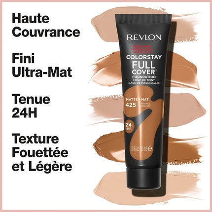 Revlon ColorStay Full Cover Longwear Matte Foundation Heat & Sweat Resistant Lightweight Face Makeup 30ml 425 Caramel