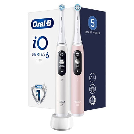 Oral B Io6 Series Duo Pack Electric Toothbrush White Pink Sand Extra Handle 2 Pieces