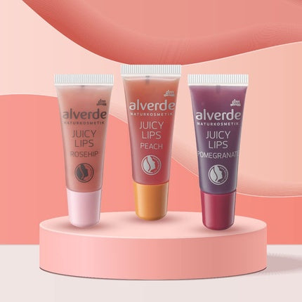 Alverde Naturkosmetik Body & Juicy Lips Lip Care Set: Peach Lip Gloss 8ml, Pomegranate Lip Gloss 8ml, Rosehip Lip Gloss 8ml, Aronia Almond Shea Butter Body Lotion 250ml