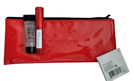 Smashbox Deluxe Trial Size Set - Super Fan Volumizing Mascara Black 5 Ml, Photo Finish Smoothing Liquid Primer 71 Ml, Textile Makeup Bag Red
