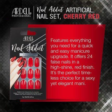 ARDELL Nail Addict Cherry Red Press On Nails with Glue and File - 24 Artificial Nails for Beautiful Fingernails - Long Tips