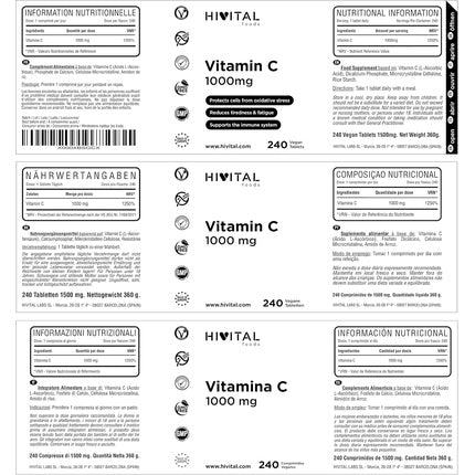 Vitamin C 1000mg Ascorbic Acid 240 Vegan Tablets