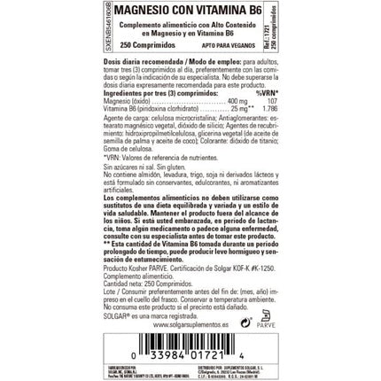 Solgar Magnesium with Vitamin B6 250 Tablets - Promote Healthy Bone Mineralization and Support Nerve and Muscle Function - Non-GMO Vegan Gluten Free Dairy Free Kosher - 83 Servings