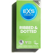 EXS Textured Condoms Natural Latex and Silicone Lubricated Ribbed and Dotted Vegan 12 Pack