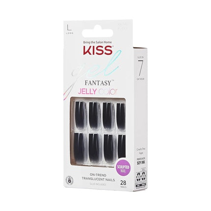 KISS Gel Fantasy Press On Nails Jelly Gelée Black Long Square Shape 28 Nails 2g Glue 1 Manicure Stick 1 Mini File Pink Medium