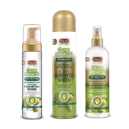 African Pride Olive Miracle Finish & Style Regimen Non-Flaking Foam Setting Hair Mousse, Growth Sheen Spray & 7-IN-1 Leave-In Moisture Restore Hair Curl Refresher