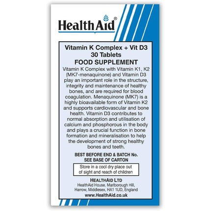 HealthAid Vitamin K Complex Plus VIT D3 New Menaquinone MK7 30 Tablets