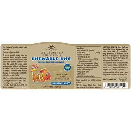Solgar Children's Chewable DHA Chewie Gels Vision and Brain Support Omega 3 Fatty Acid Essential Support for Kids Gluten-Free