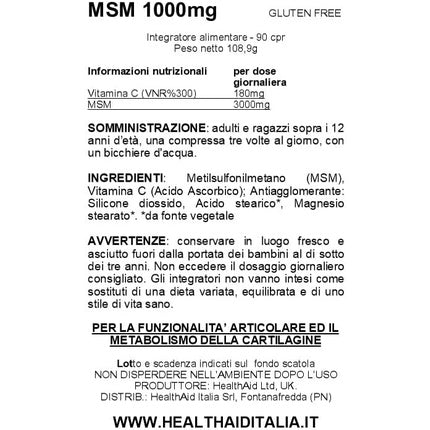 HealthAid MSM 1000mg Vegetarian Tablets 90 Count