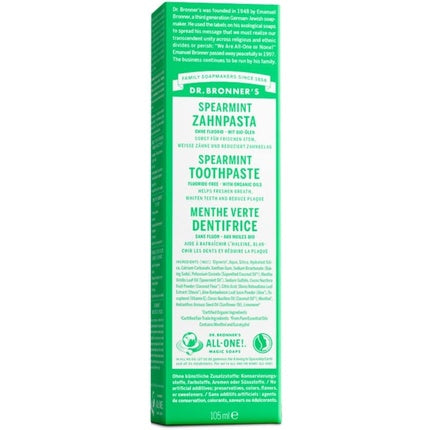 Dr Bronner's All One Spearmint Toothpaste with Organic Fluoride-Free Ingredients 105ml Tube