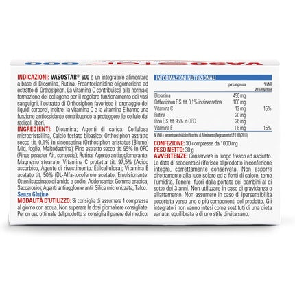 Vasostar 600 Chronic Venous Insufficiency Bioflavonoids Diosmin Leg Well-being Against Leg Heaviness and Swelling Dietary Supplement 30 Tablets