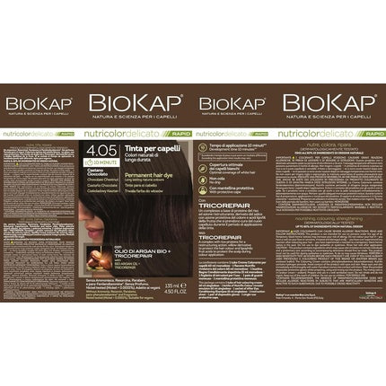 BIOKAP RAPID Permanent Hair Colour 4.05 Chocolate Chestnut Brown 10 Minutes Reaction Time Organic Argan Oil TricoREPAIR Complex Vegan Optimal Grey Coverage Up to 80% Natural Ingredients