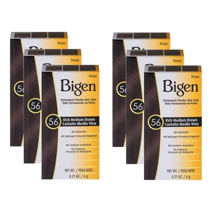 Bigen Powder Permanent Hair Color 56 Rich Medium Brown No Ammonia - Pack of 6